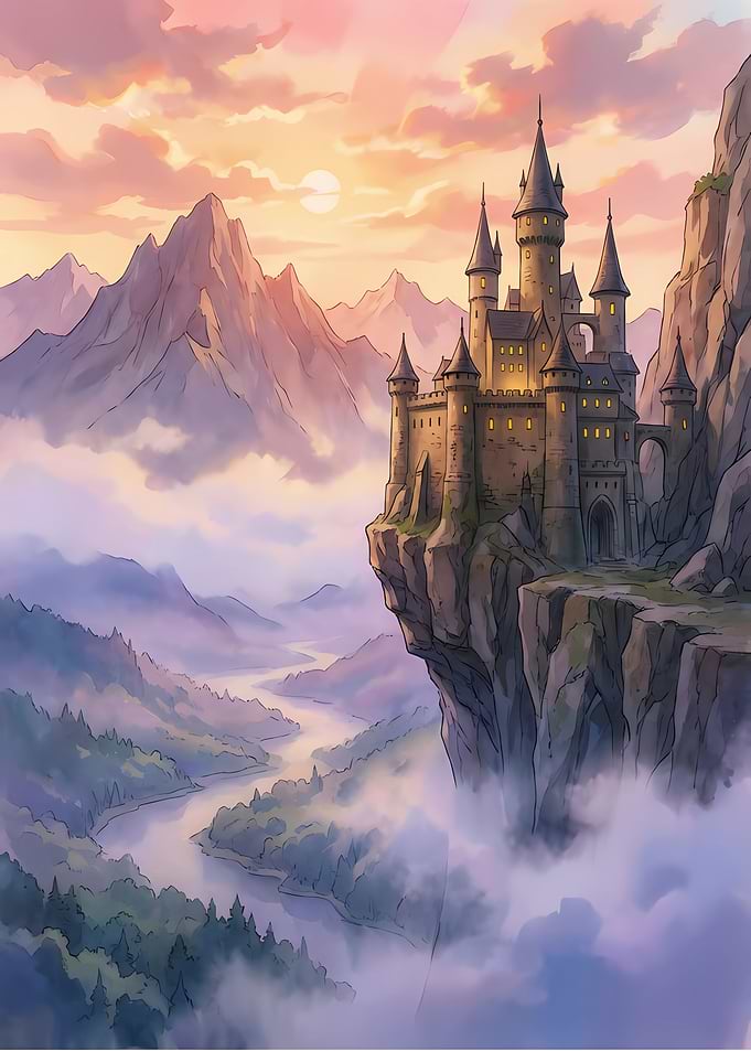 Fantasy Castle on Cliff at Sunset