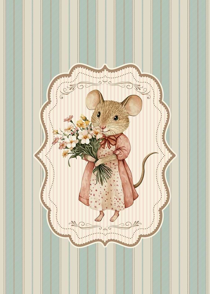 Mouse with Flowers in Vintage Frame