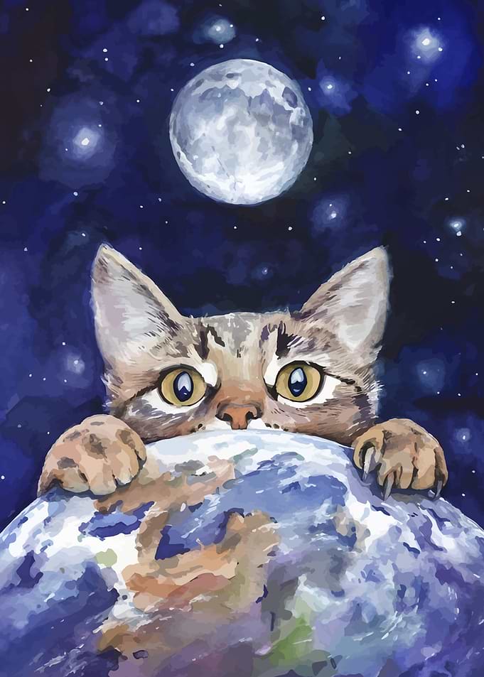Cat on Earth Watercolor Painting