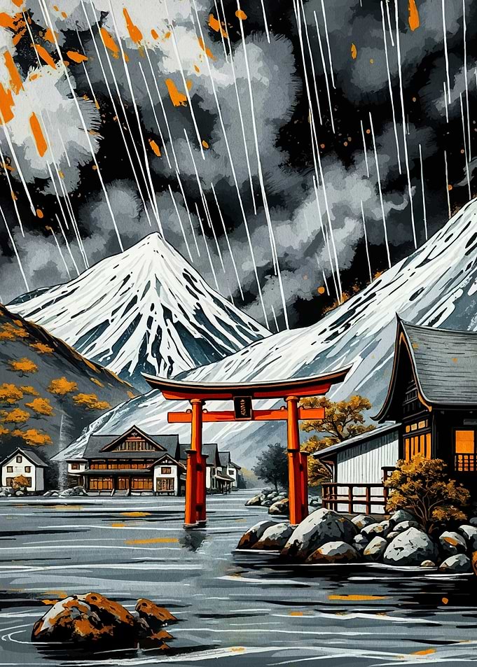 Japanese Landscape with Torii Gate in Rain