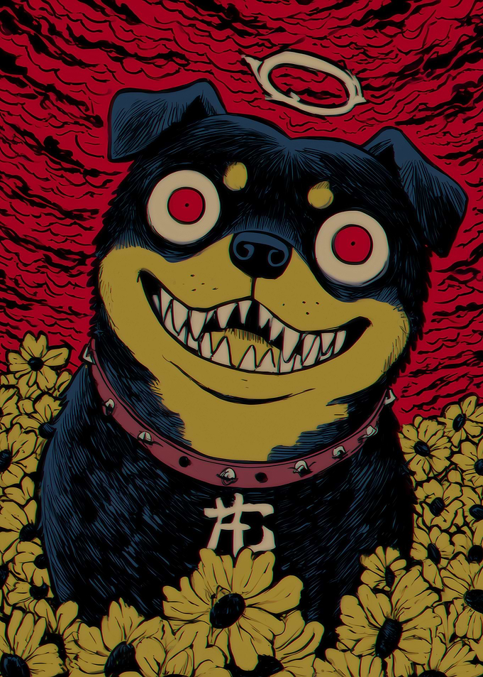 Creepy Dog with Halo and Flowers