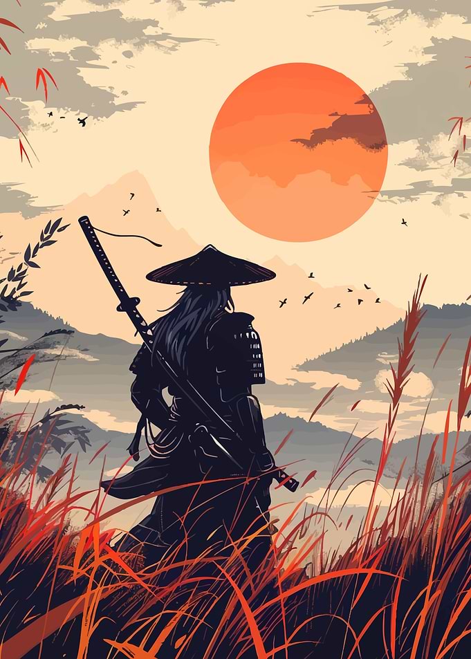 Samurai in Field at Sunset