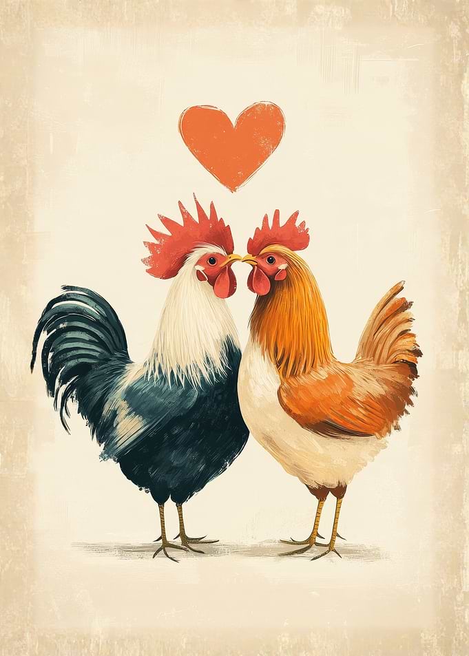 Rooster and Hen in Love | Farm Valentine Wall Art