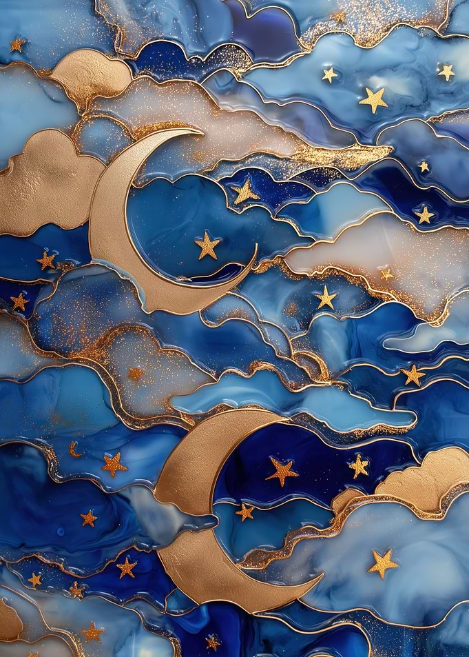 Golden Moon and Stars in Blue Sky