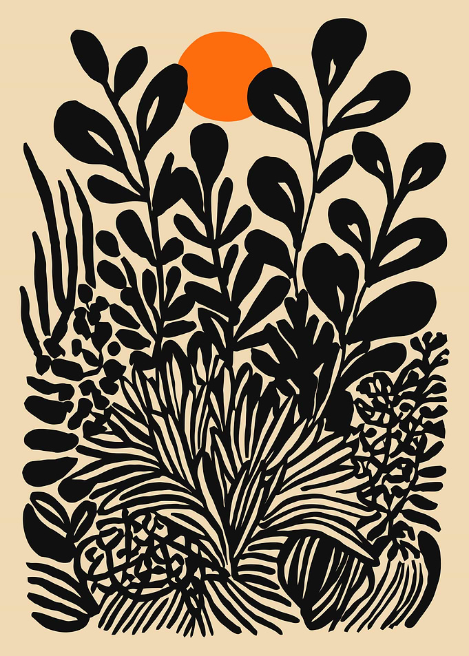 Botanical Illustration with Orange Sun