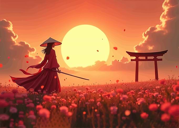 Samurai Woman in Field at Sunset
