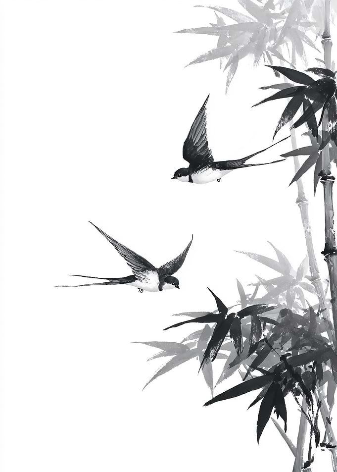 Swallows and Bamboo Ink Painting