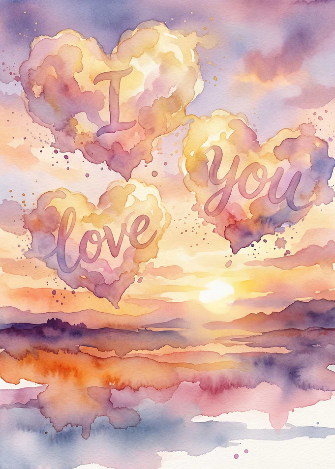 Watercolor Love Clouds at Sunset