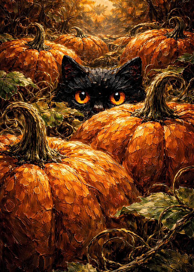 Cute Black Cat Peeking from Pumpkin Patch - Black Cat Impasto Oil Painting Wall Art