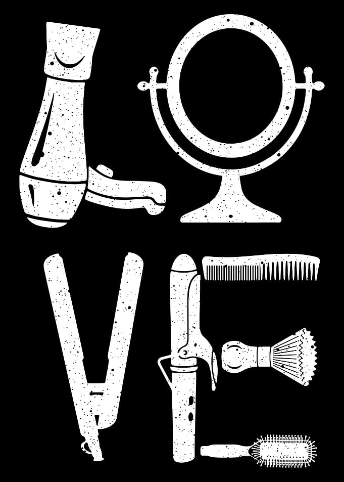 LOVE Hairdresser Tools Poster, Barber Salon Wall Art, Hair Stylist Black & White Print