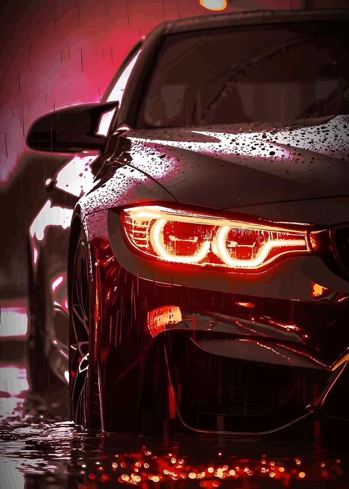 Car in the Rain with Glowing Headlights