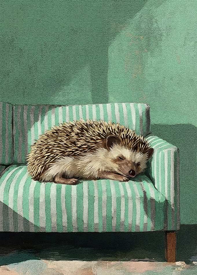 Sleeping Hedgehog on Striped Couch