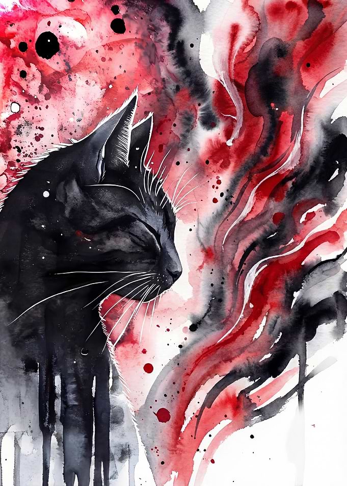 Watercolor Black Cat with Red Accents