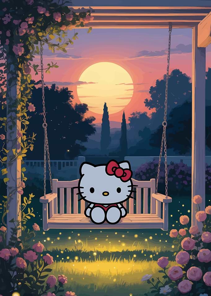Hello Kitty on a swing at sunset