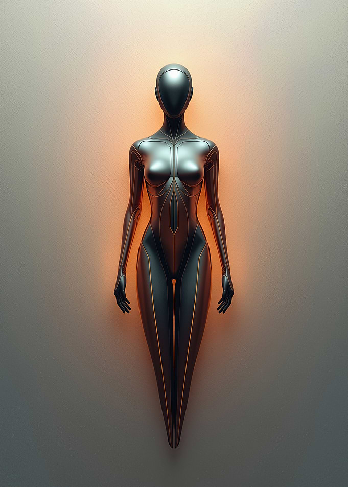 Sleek Futuristic Female Android Sculpture — Metallic 3D Figure with Orange Glow