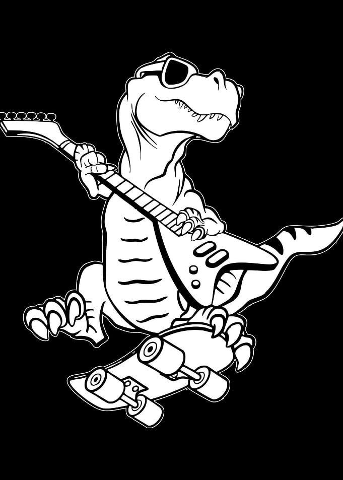 Dinosaur playing guitar on skateboard