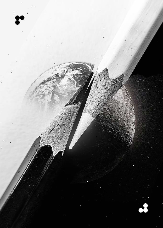 Pencils, Earth, and Moon in Monochrome