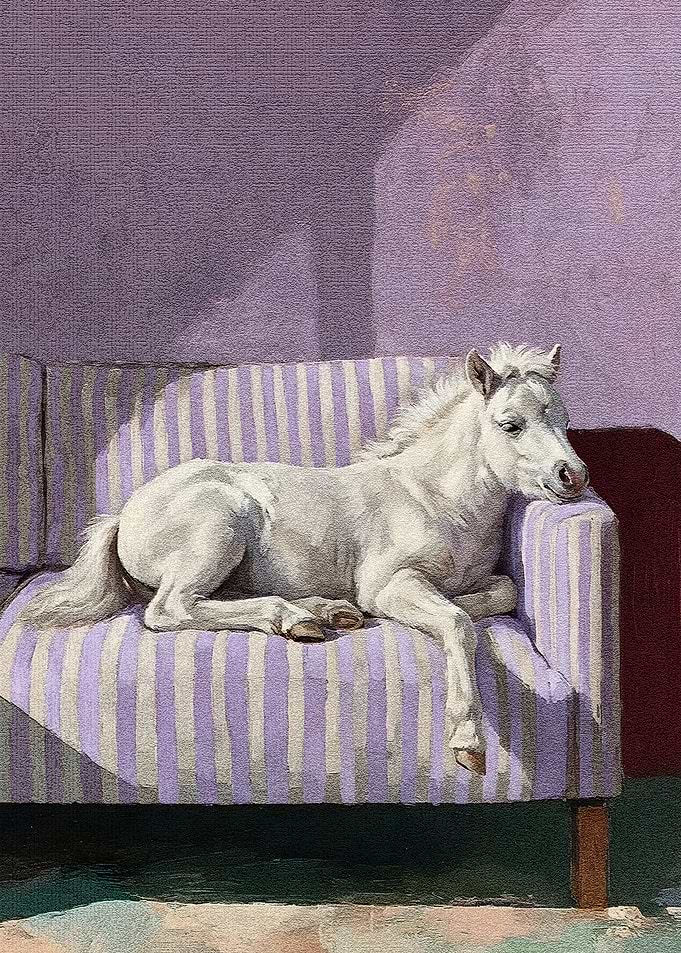 Horse Resting on Striped Purple Couch