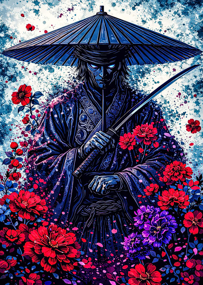 Blue Samurai with Sword and Flowers
