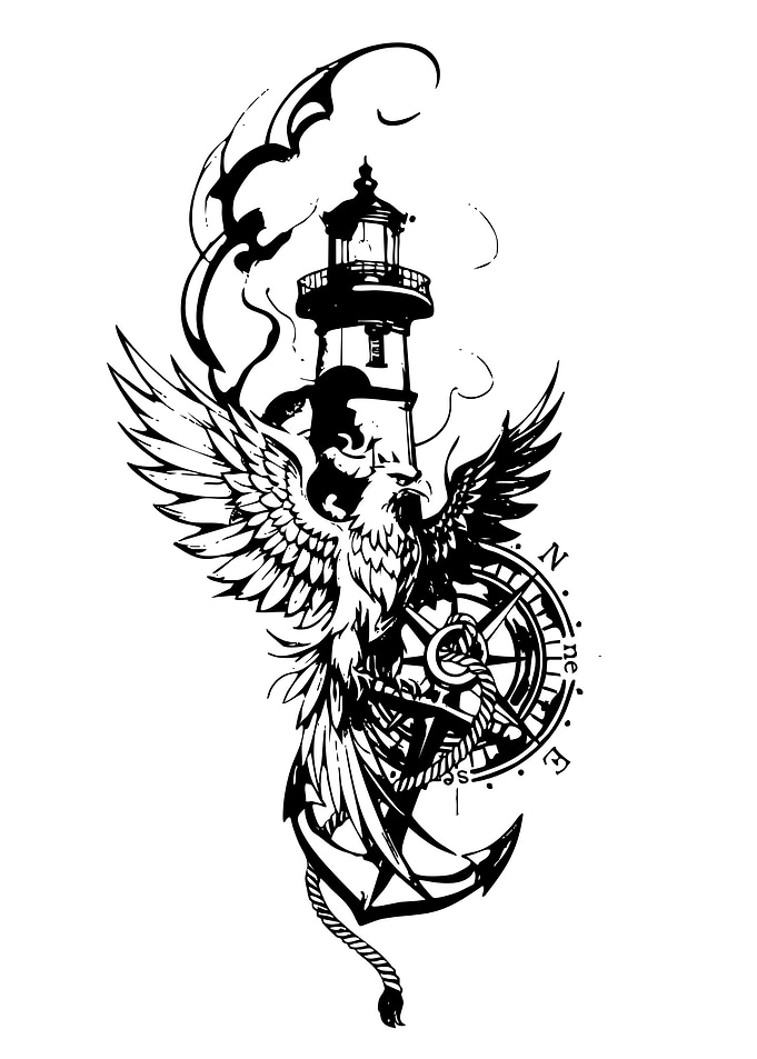 Phoenix, Lighthouse, Anchor Tattoo Design