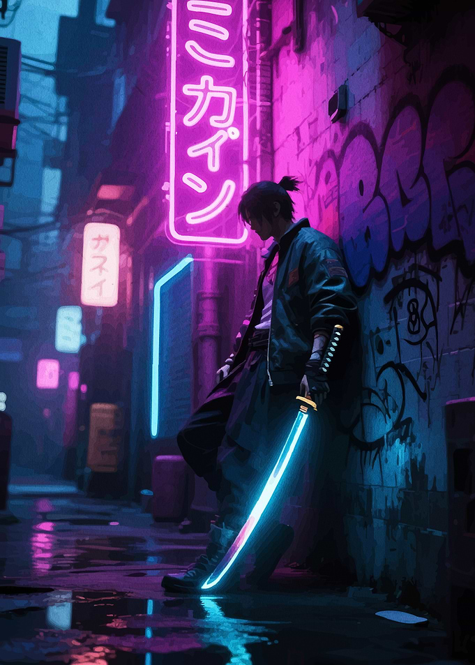 Cyberpunk Samurai in Neon Alley