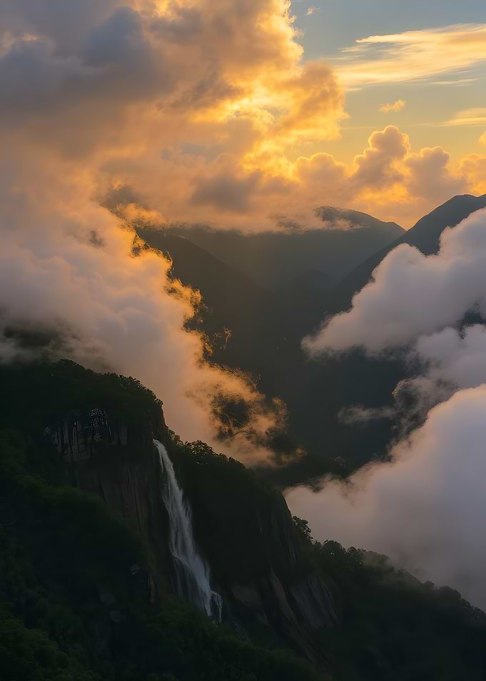 Mountain Waterfall with Clouds at Sunset