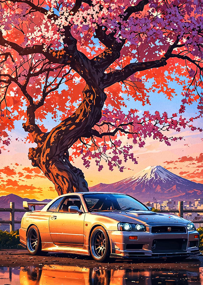 Nissan Skyline with Cherry Blossoms