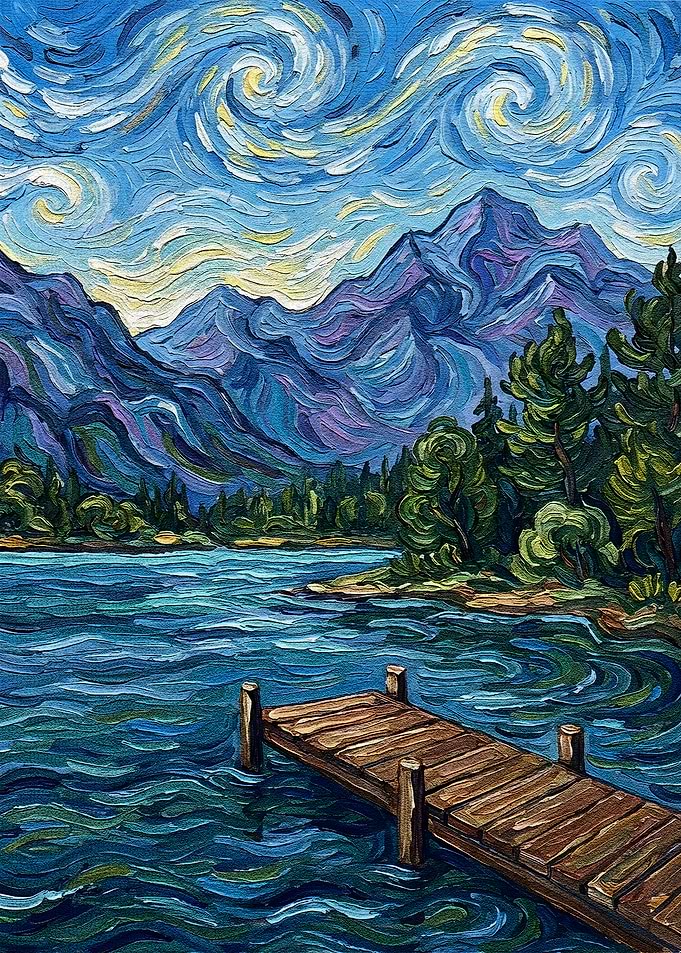 Starry Night Inspired Lake Landscape