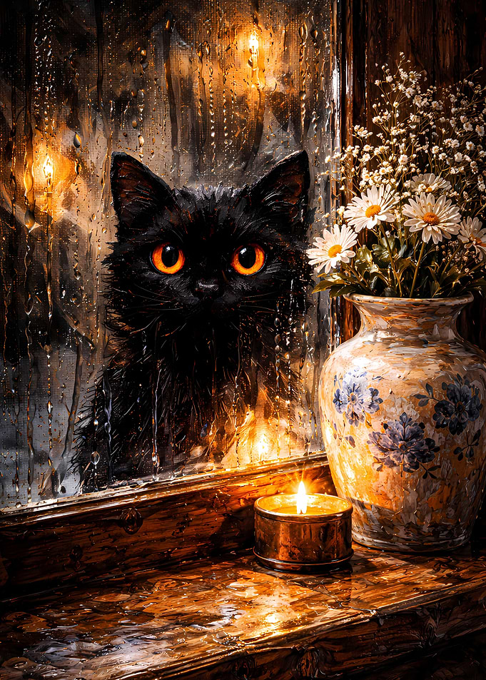 Cute Black Cat Peeking from Rainy Window - Black Cat Impasto Oil Painting Wall Art