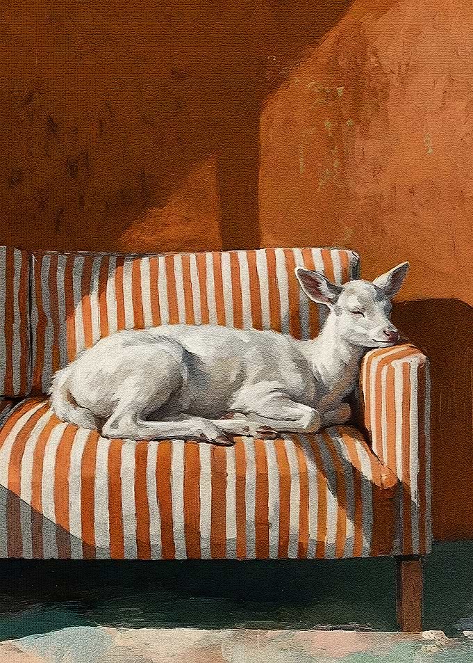 Albino Deer Resting on Striped Couch