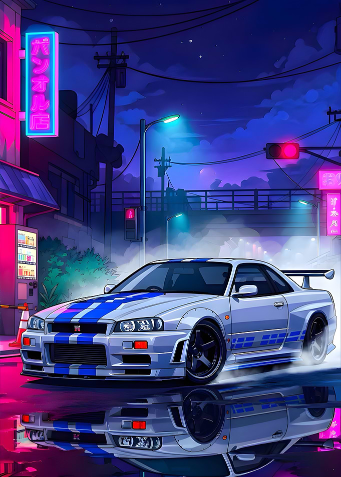 Nissan Skyline R34 in Neon Cityscape