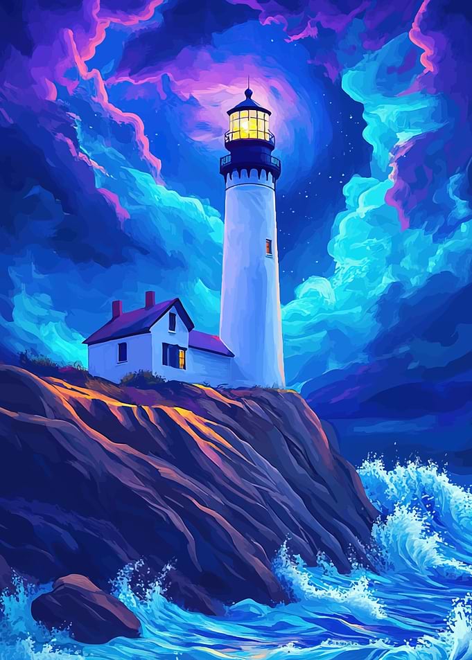 Lighthouse on Cliff at Night