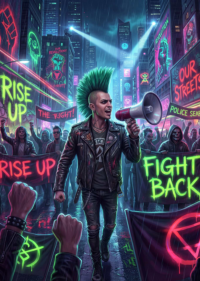 Cyberpunk Protest Rally in Rainy City
