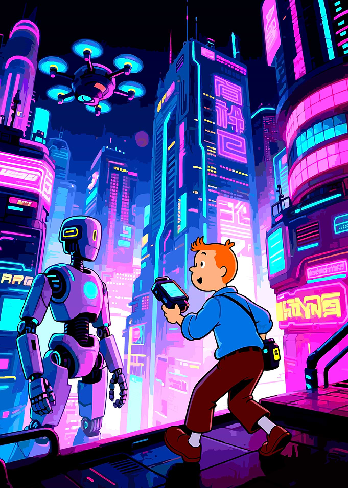 Tintin in a Cyberpunk Cityscape