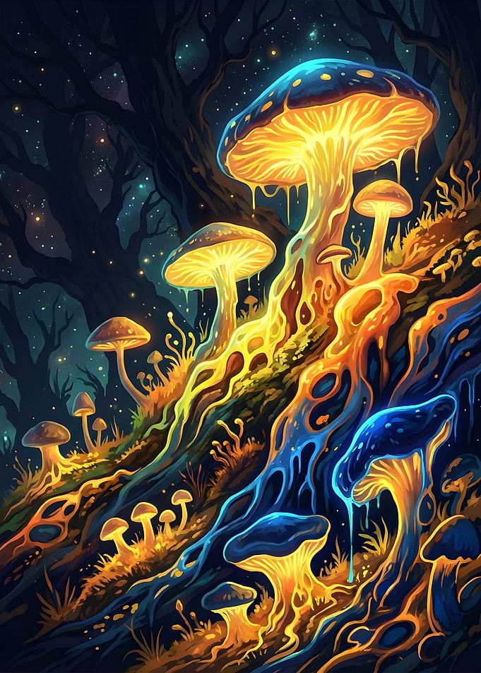 Glowing Mushrooms in a Dark Forest