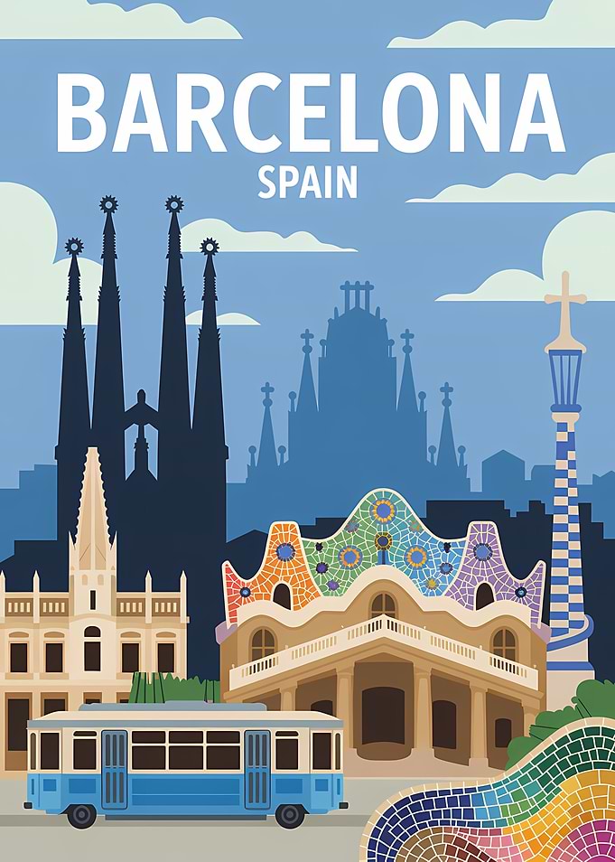 Barcelona Spain Travel Poster Illustration