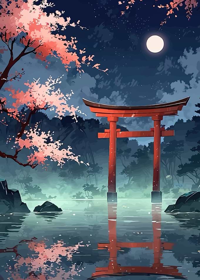 Japanese Torii Gate at Night