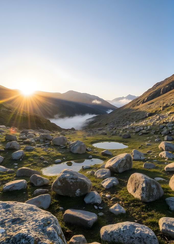 Mountain valley sunrise landscape