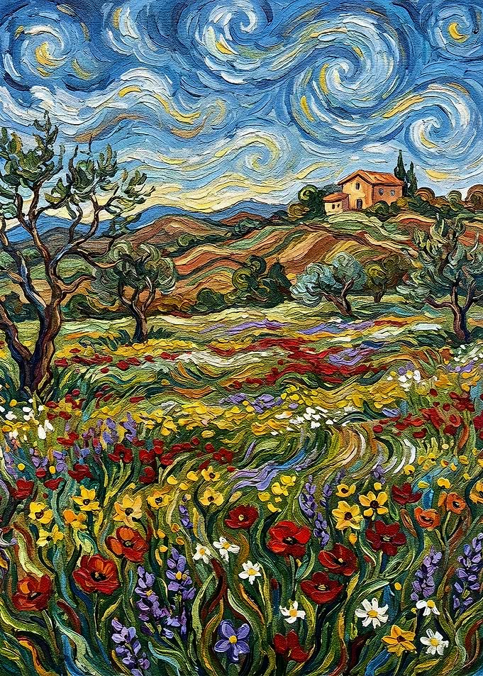 Tuscany Landscape Painting with Flowers