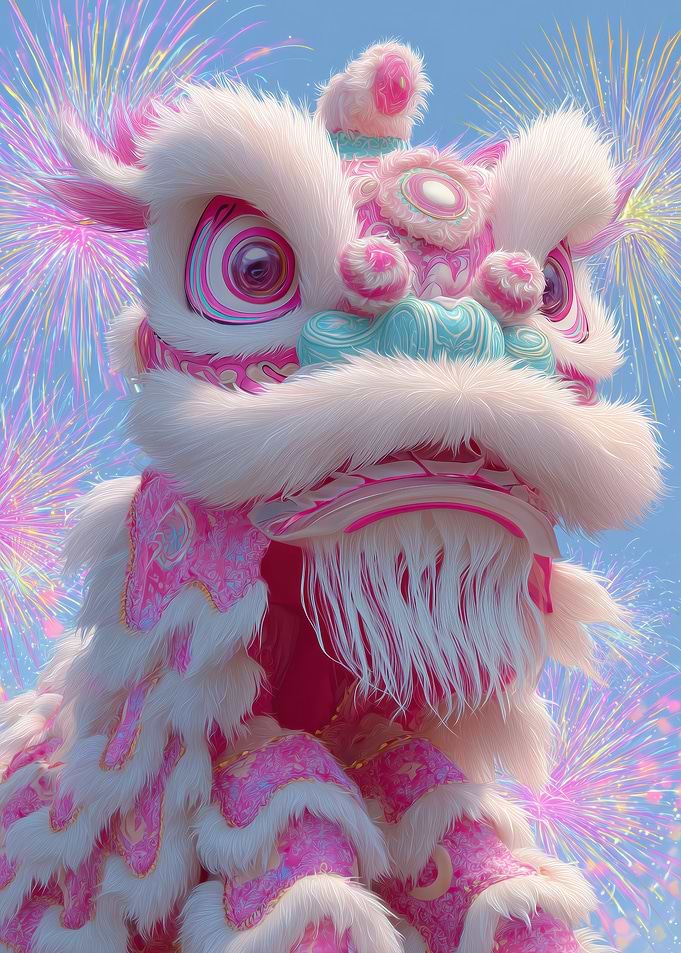 Pink Chinese Lion Dance with Fireworks