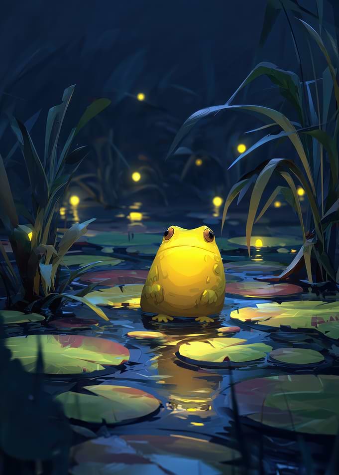 Yellow Frog in a Lily Pond