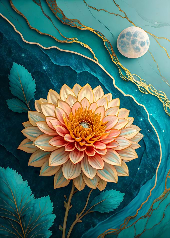 Luxury Floral Dahlia Celestial Masterpiece Under the Moon