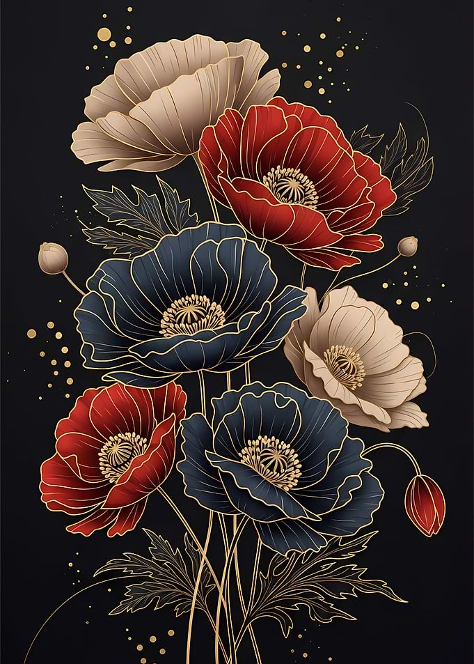 Elegant Poppy Flower Wall Art – Navy Blue & Gold Floral Metal Poster
