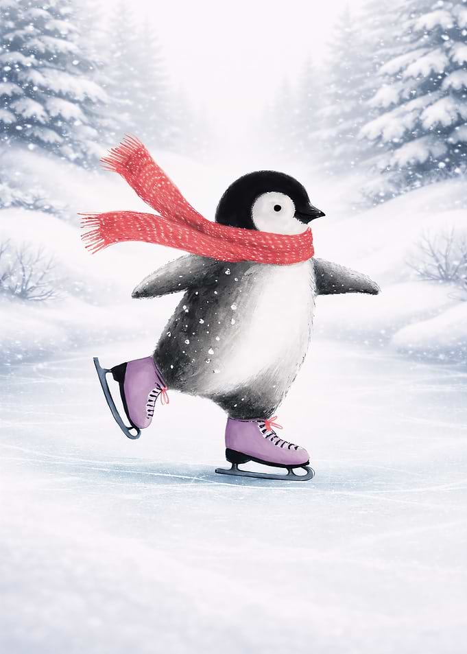 Penguin Ice Skating in Winter Wonderland