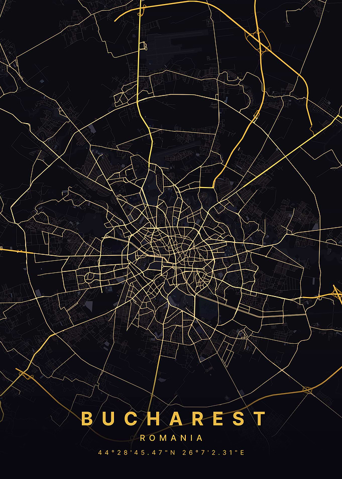 Bucharest Romania Black and Gold Map