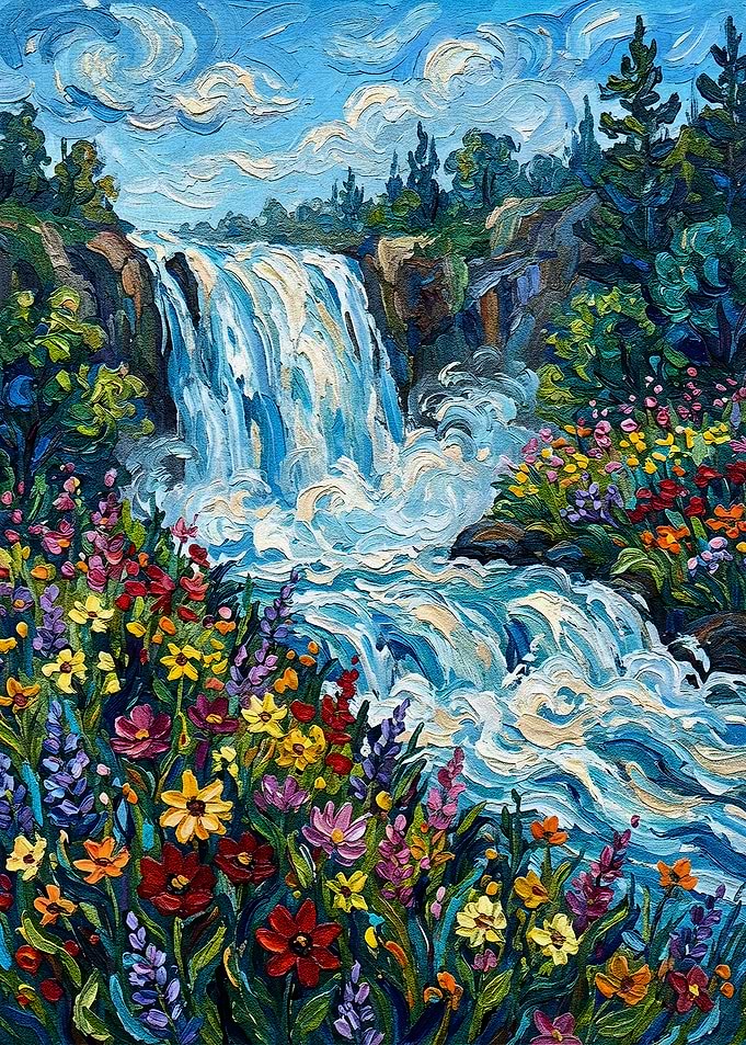 Vibrant Waterfall Landscape Painting