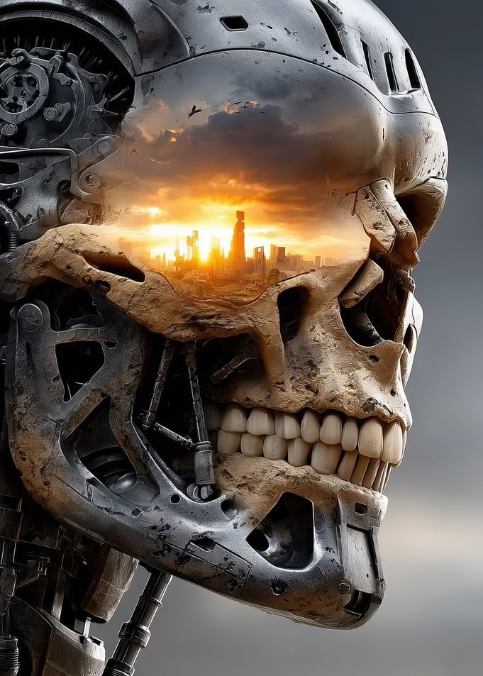 Cyborg Skull with Cityscape Reflection