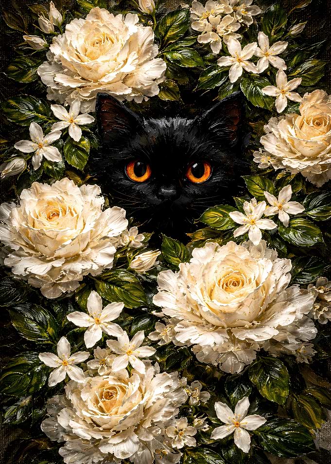 Cute Black Cat Peeking from White Roses - Black Cat Impasto Oil Painting Wall Art