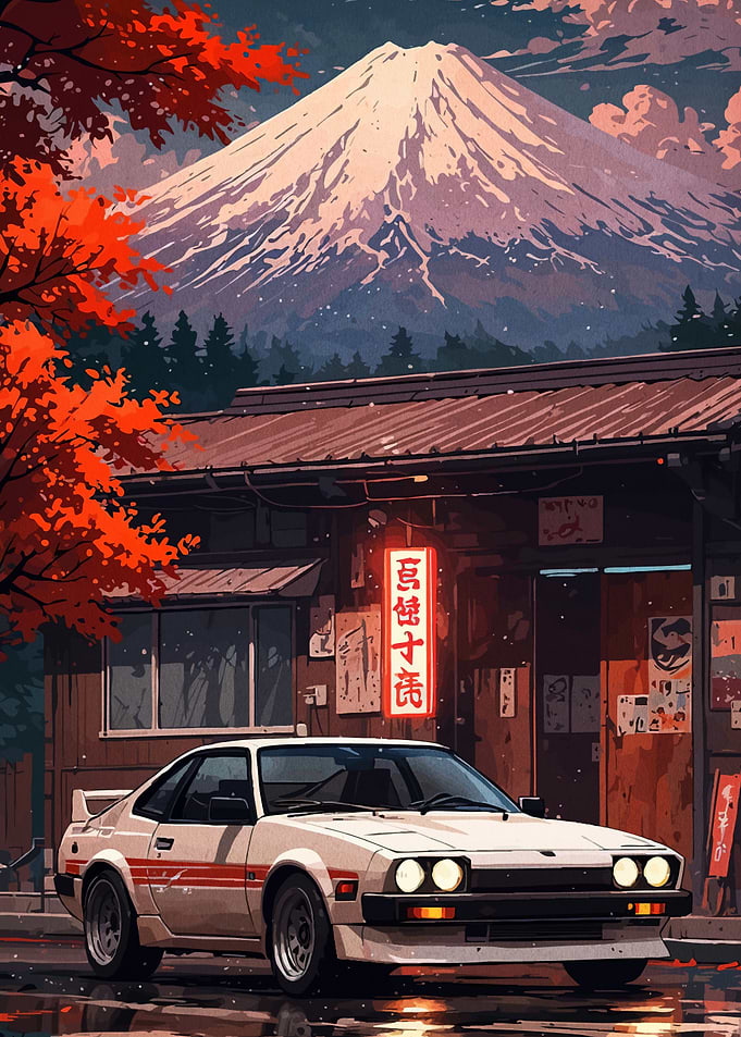 Japanese car with Mount Fuji backdrop