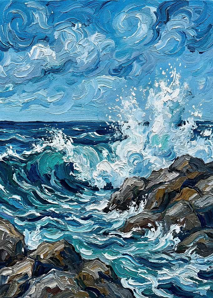 Ocean Wave Crashing on Rocks Painting